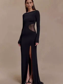 Side Mesh Cutout High Slit Long Sleeve Maxi Bodycon Evening Dress For Women 2026