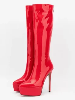 Silver Sexy Boots Platform Pointed Toe Stiletto Heel Mid Calf Boots For Women