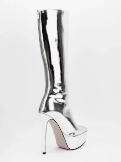 Silver Sexy Boots Platform Pointed Toe Stiletto Heel Mid Calf Boots For Women