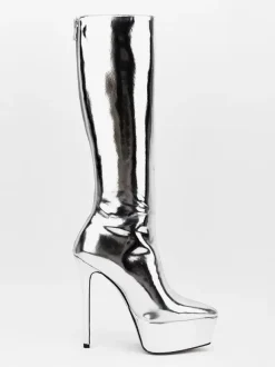 Silver Sexy Boots Platform Pointed Toe Stiletto Heel Mid Calf Boots For Women