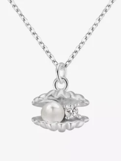 Silver Shell Pendant Necklace Inlaid Pearl Tiny Zircon Dainty Daily Neck Jewelry