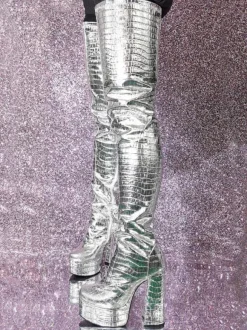 Silver Thigh High Boots Metallic Stone Pattern Chunky Heel Platform Thigh High Boots
