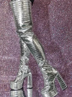 Silver Thigh High Boots Metallic Stone Pattern Chunky Heel Platform Thigh High Boots