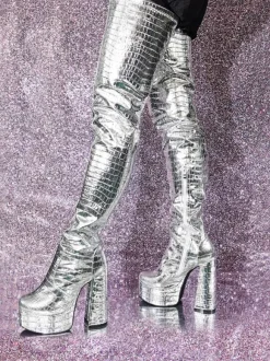 Silver Thigh High Boots Metallic Stone Pattern Chunky Heel Platform Thigh High Boots
