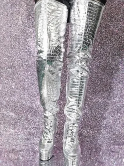 Silver Thigh High Boots Metallic Stone Pattern Chunky Heel Platform Thigh High Boots