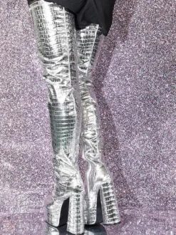 Silver Thigh High Boots Metallic Stone Pattern Chunky Heel Platform Thigh High Boots