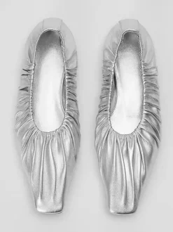 Silver Ballerina Flats Pleated Square Toe Ballet Flats
