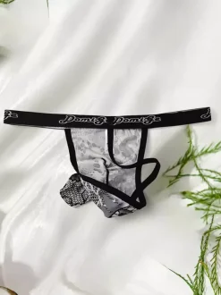 Silver Floral Lace Men Thong Transparent Mesh Pouch Sexy Elastic Underwear