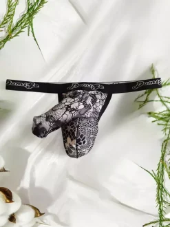 Silver Floral Lace Men Thong Transparent Mesh Pouch Sexy Elastic Underwear