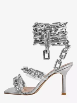 Silver High Heel Sandals Open Toe Chain Detail Strappy Party Shoes