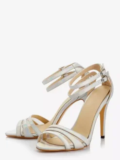 Silver High Heel Sandals Women Open Toe Ankle Strap Bridal Shoes
