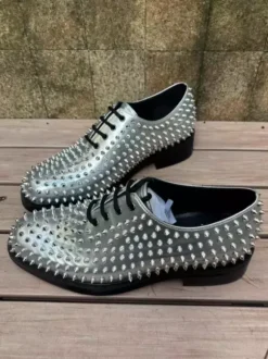 Silver Prom Shoes Rivets Round Toe Lace Up Party Shoes