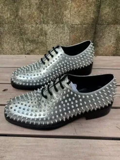Silver Prom Shoes Rivets Round Toe Lace Up Party Shoes