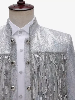 Silver Vintage Top Fringe Buttons Sequins Long Sleeves DJ Stage Performance Nightclub Sequin Tassel