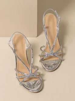 Silver Wedding Shoeswomen Rhinestones Round Toe Strappy High Heel Prom Shoes