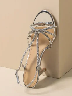 Silver Wedding Shoeswomen Rhinestones Round Toe Strappy High Heel Prom Shoes