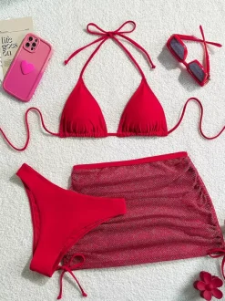 Simple Bikini And Sheer Mini Cover-up Skirt 3-piece Swimsuit Set For Summer 2026