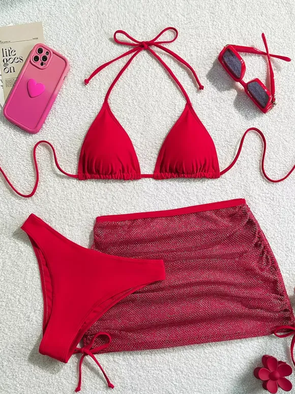 Simple Bikini And Sheer Mini Cover-up Skirt 3-piece Swimsuit Set For Summer 2026