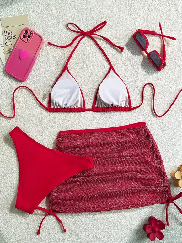 Simple Bikini And Sheer Mini Cover-up Skirt 3-piece Swimsuit Set For Summer 2026