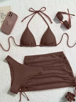 Simple Bikini And Sheer Mini Cover-up Skirt 3-piece Swimsuit Set For Summer 2026