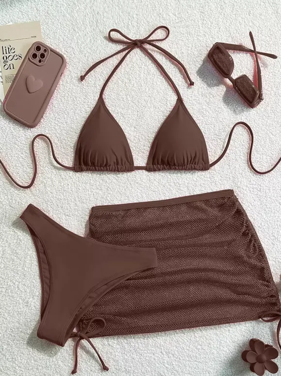 Simple Bikini And Sheer Mini Cover-up Skirt 3-piece Swimsuit Set For Summer 2026