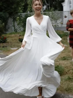 Simple Wedding Dress A-Line V-Neck Long Sleeves Sash Bridal Gowns