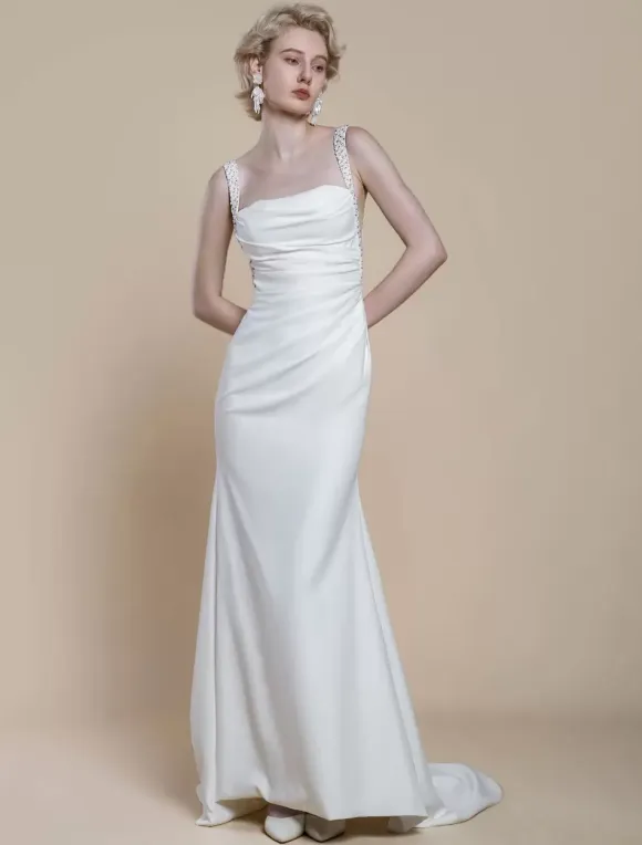 Simple Wedding Dress Designed Neckline Sleeveless Beaded Mermaid Bridal Gowns