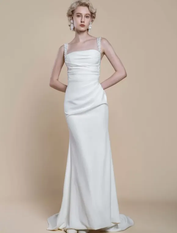 Simple Wedding Dress Designed Neckline Sleeveless Beaded Mermaid Bridal Gowns