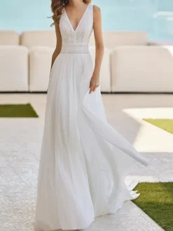 Simple Wedding Dress Lace V-Neck Sleeveless A-Line Bridal Dresses Free Customization
