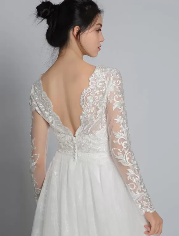 Simple Wedding Dress Lace V-Neck Long Sleeves Lace A-Line Bridal Dresses