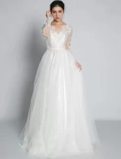 Simple Wedding Dress Lace V-Neck Long Sleeves Lace A-Line Bridal Dresses