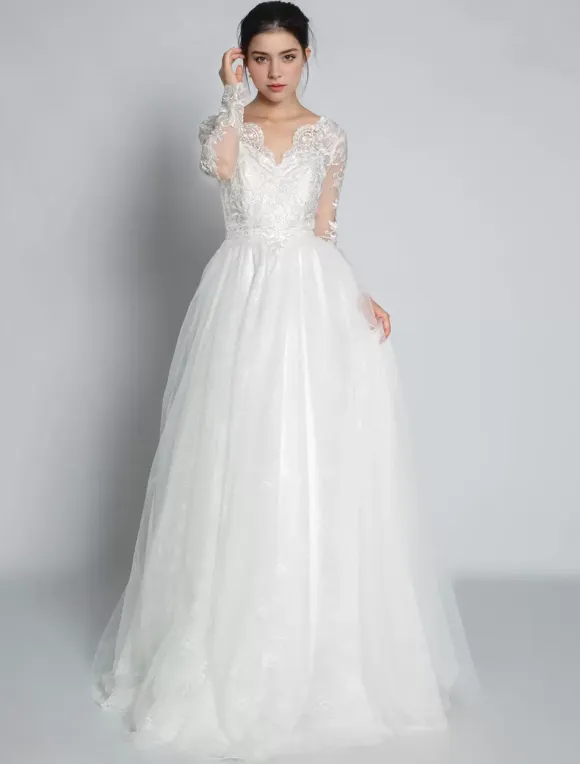 Simple Wedding Dress Lace V-Neck Long Sleeves Lace A-Line Bridal Dresses