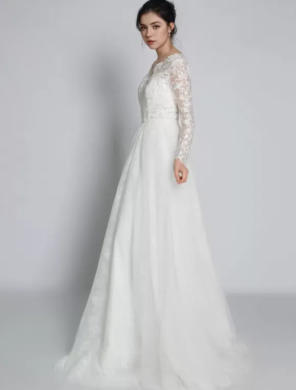 Simple Wedding Dress Lace V-Neck Long Sleeves Lace A-Line Bridal Dresses