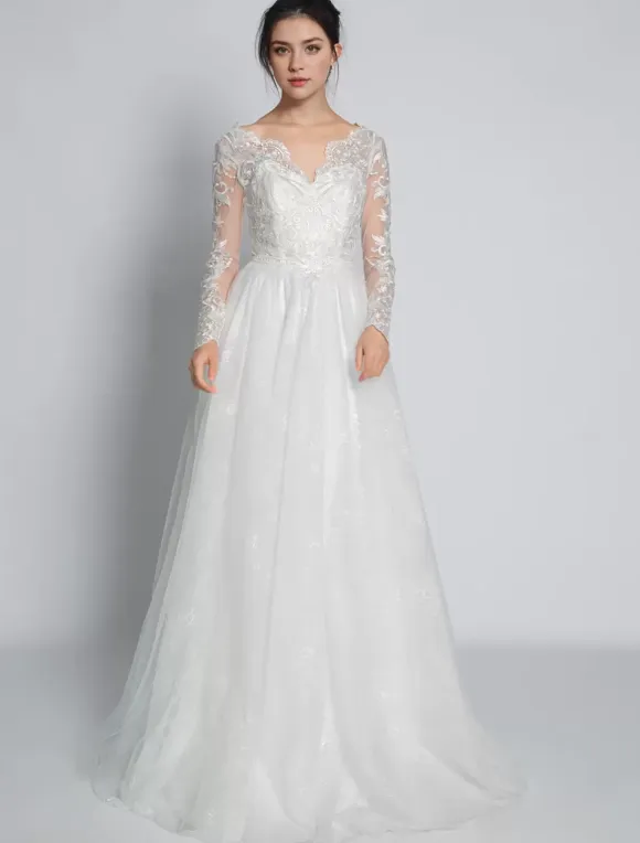 Simple Wedding Dress Lace V-Neck Long Sleeves Lace A-Line Bridal Dresses