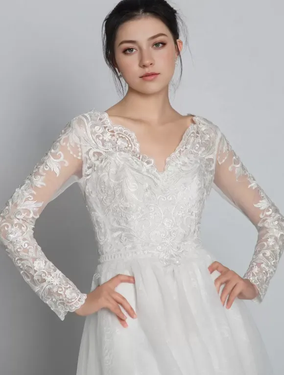 Simple Wedding Dress Lace V-Neck Long Sleeves Lace A-Line Bridal Dresses