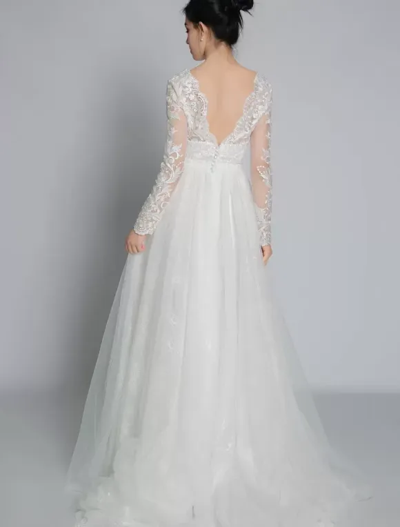 Simple Wedding Dress Lace V-Neck Long Sleeves Lace A-Line Bridal Dresses