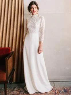 Simple Wedding Dress Lace High Collar Long Sleeves Lace A-Line Bridal Gowns