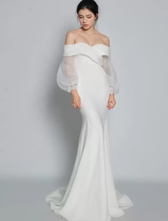 Simple Wedding Dress Mermaid V-Neck Long Sleeves Pleated Bridal Dresses