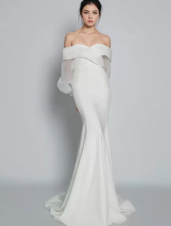 Simple Wedding Dress Mermaid V-Neck Long Sleeves Pleated Bridal Dresses