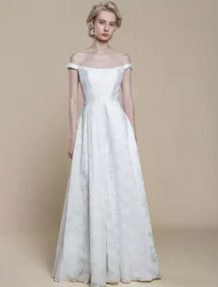 Simple Wedding Dress Polyester Bateau Neck Flowers A-Line Bridal Dresses