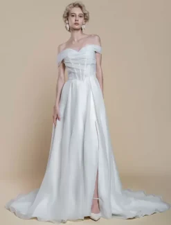 Simple Wedding Dress Polyester Bateau Neck Short Sleeves Cut Out Ball Gown 40cm Bridal Dresses