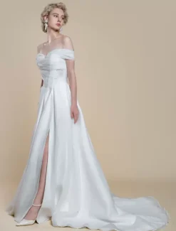 Simple Wedding Dress Polyester Bateau Neck Short Sleeves Cut Out Ball Gown 40cm Bridal Dresses