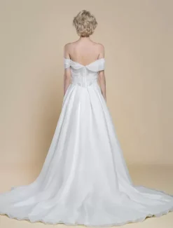 Simple Wedding Dress Polyester Bateau Neck Short Sleeves Cut Out Ball Gown 40cm Bridal Dresses