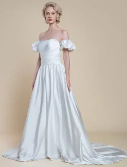 Simple Wedding Dress Princess Silhouette Strapless Short Sleeves 30cm Bridal Gowns