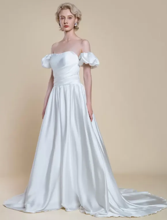 Simple Wedding Dress Princess Silhouette Strapless Short Sleeves 30cm Bridal Gowns
