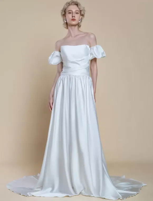 Simple Wedding Dress Princess Silhouette Strapless Short Sleeves 30cm Bridal Gowns