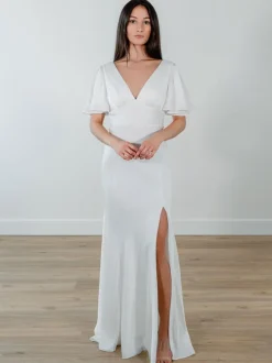 Simple Wedding Dress Satin Fabric V-Neck Short Sleeves Split Front Mermaid Bridal Dresses