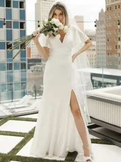 Simple Wedding Dress Satin Fabric V-Neck Short Sleeves Split Front Mermaid Bridal Dresses