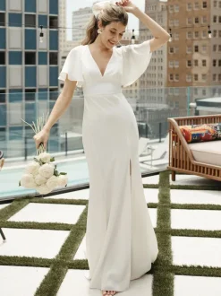 Simple Wedding Dress Satin Fabric V-Neck Short Sleeves Split Front Mermaid Bridal Dresses