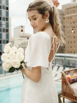 Simple Wedding Dress Satin Fabric V-Neck Short Sleeves Split Front Mermaid Bridal Dresses
